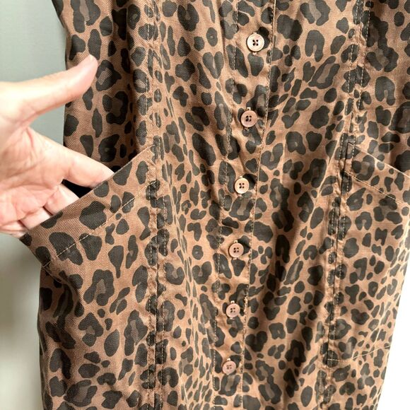 Evereve Level 99 Linen Dress Women's L Brown Cheetah Print Button Front Stretch - Picture 6 of 12